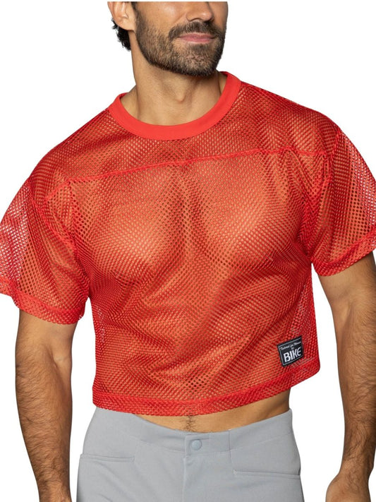Red mesh crop top with solid ribbed neckline and hem featuring black bike brand patch in bright red color