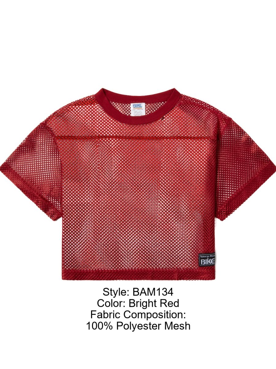 Bright red cropped mesh practice jersey made of 100% polyester in short sleeve for athletic use