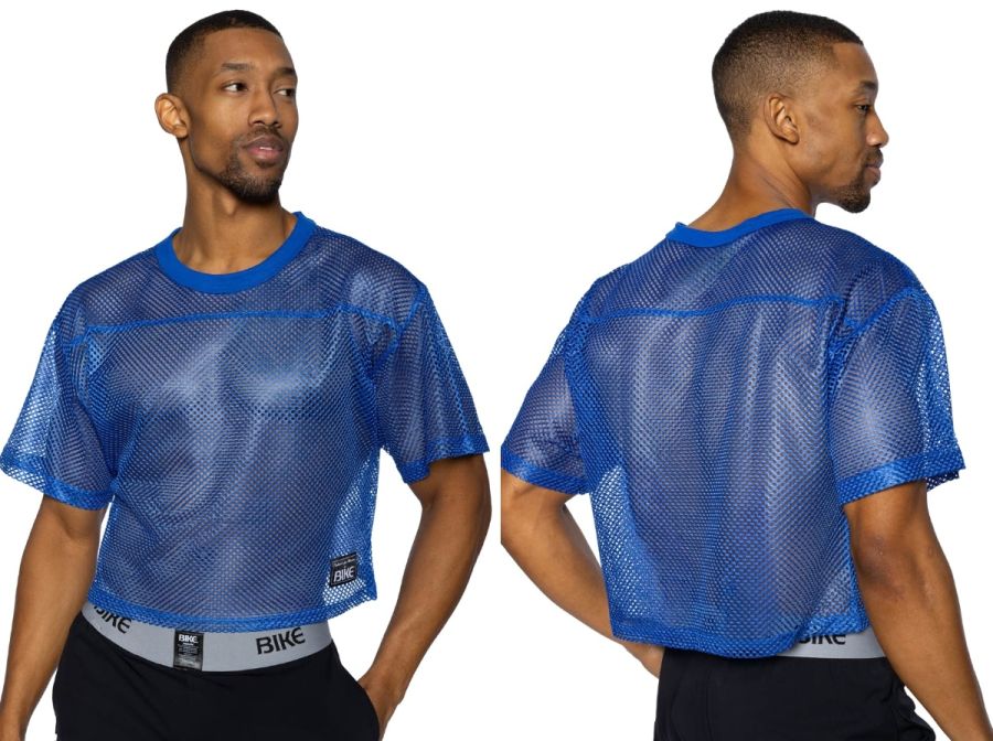 Bike Athletic BAM134 royal blue short sleeve practice jersey with blue mesh crop top and solid ribbed neckline and cuffs