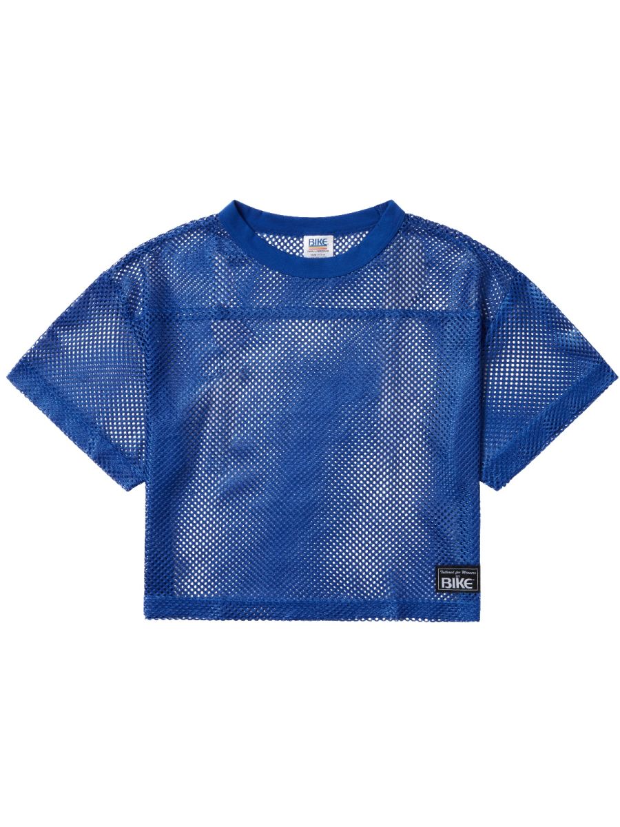 Blue mesh crop top with round neckline and short sleeves featuring black bike branding on collar tag and lower right side