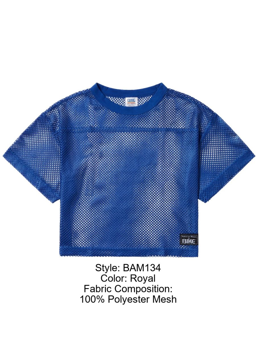 Royal blue cropped mesh short sleeve practice jersey made of 100 percent polyester for athletic use