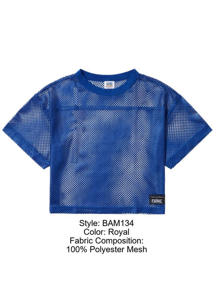 Royal blue cropped mesh short sleeve practice jersey made of 100 percent polyester for athletic use