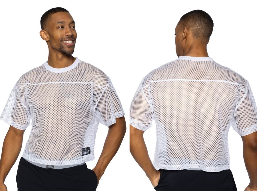 White mesh bike athletic bam134 short sleeve practice jersey with reinforced seams and black brand tag on lower left side