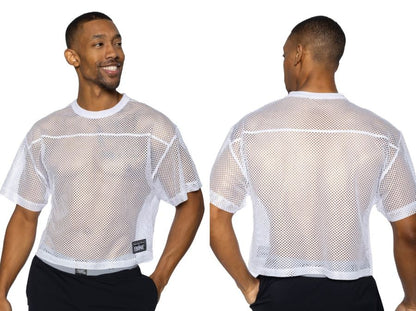 White mesh bike athletic bam134 short sleeve practice jersey with reinforced seams and black brand tag on lower left side