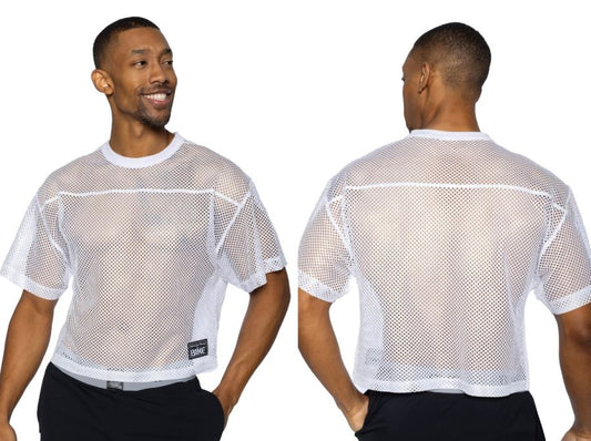 White mesh bike athletic bam134 short sleeve practice jersey with reinforced seams and black brand tag on lower left side