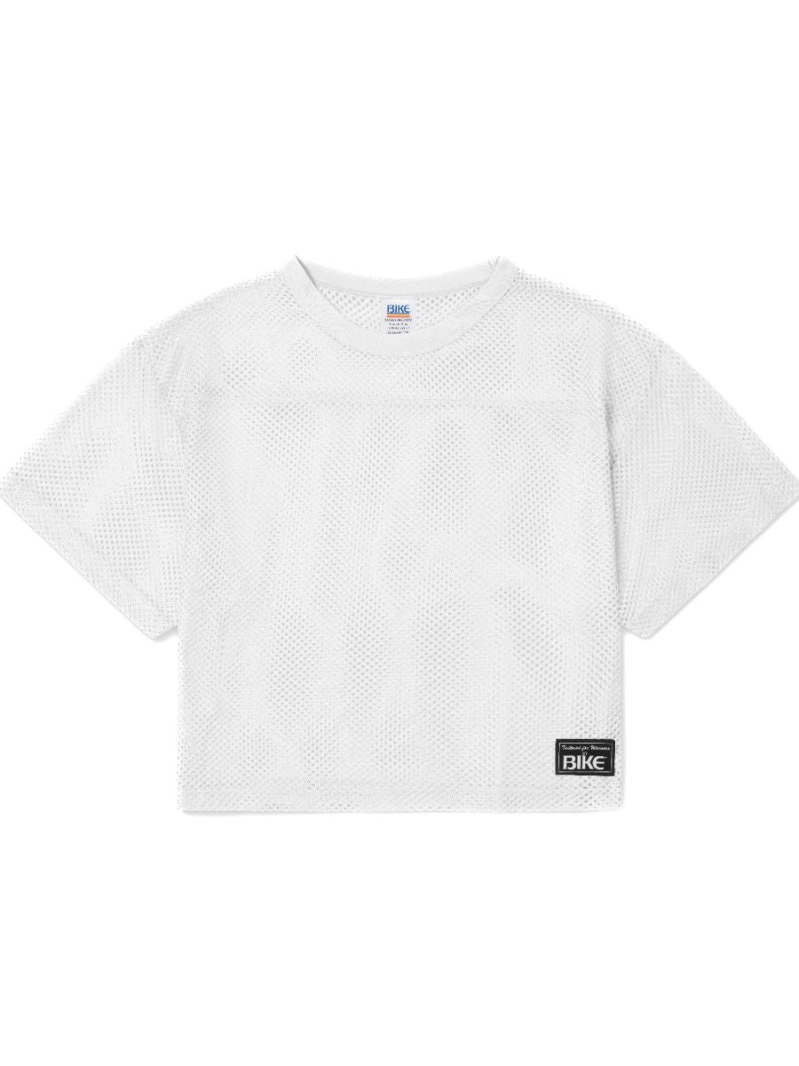 White mesh crop top with subtle geometric pattern and black bike label on lower right side for athletic practice