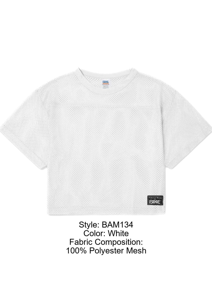 White cropped mesh v-neck short sleeve practice jersey made from 100 percent polyester by bike athletic