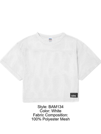 White cropped mesh v-neck short sleeve practice jersey made from 100 percent polyester by bike athletic