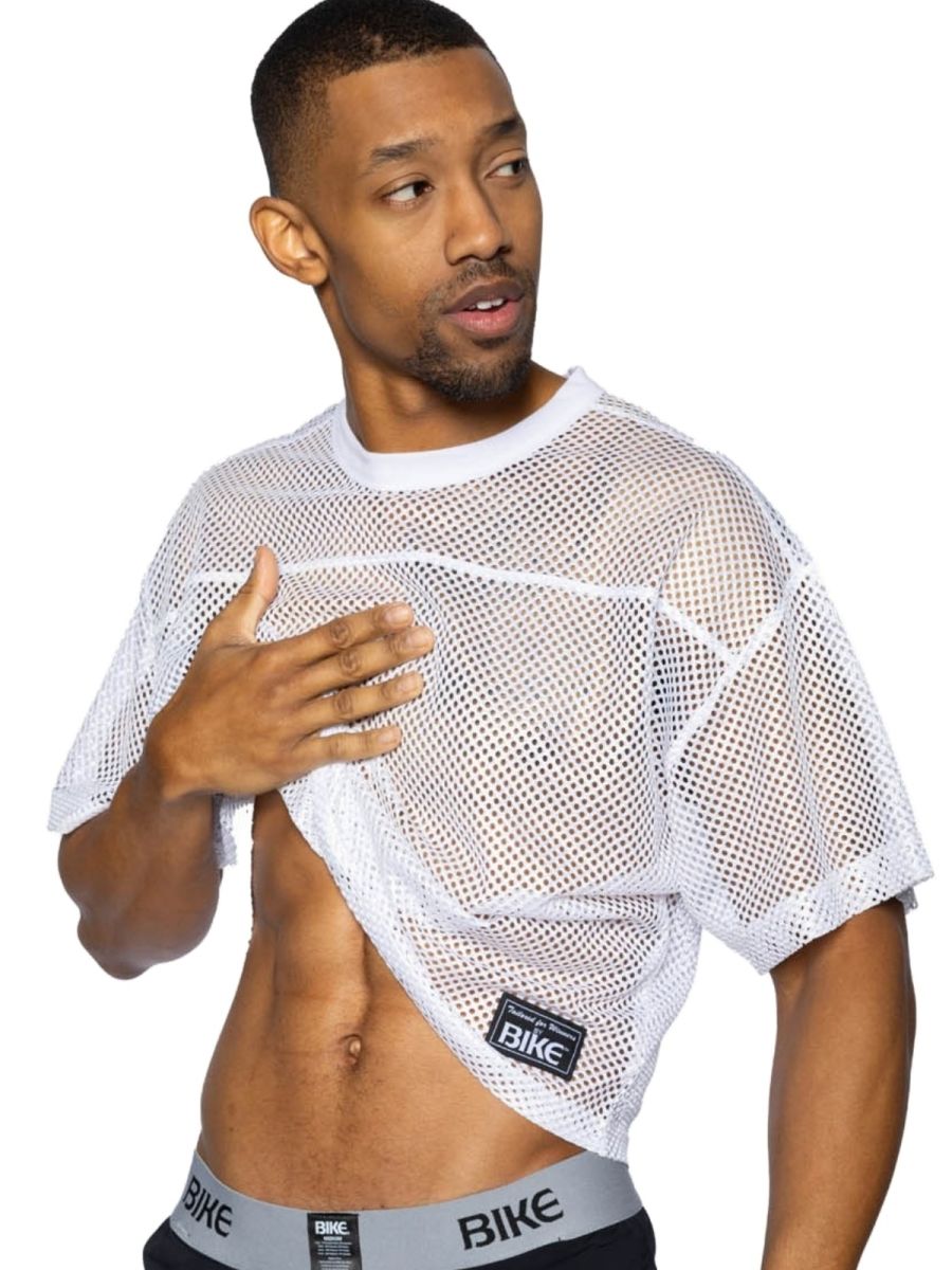 White mesh crop top with black bike logo patch on lower left in bike athletic bam134 short sleeve practice jersey