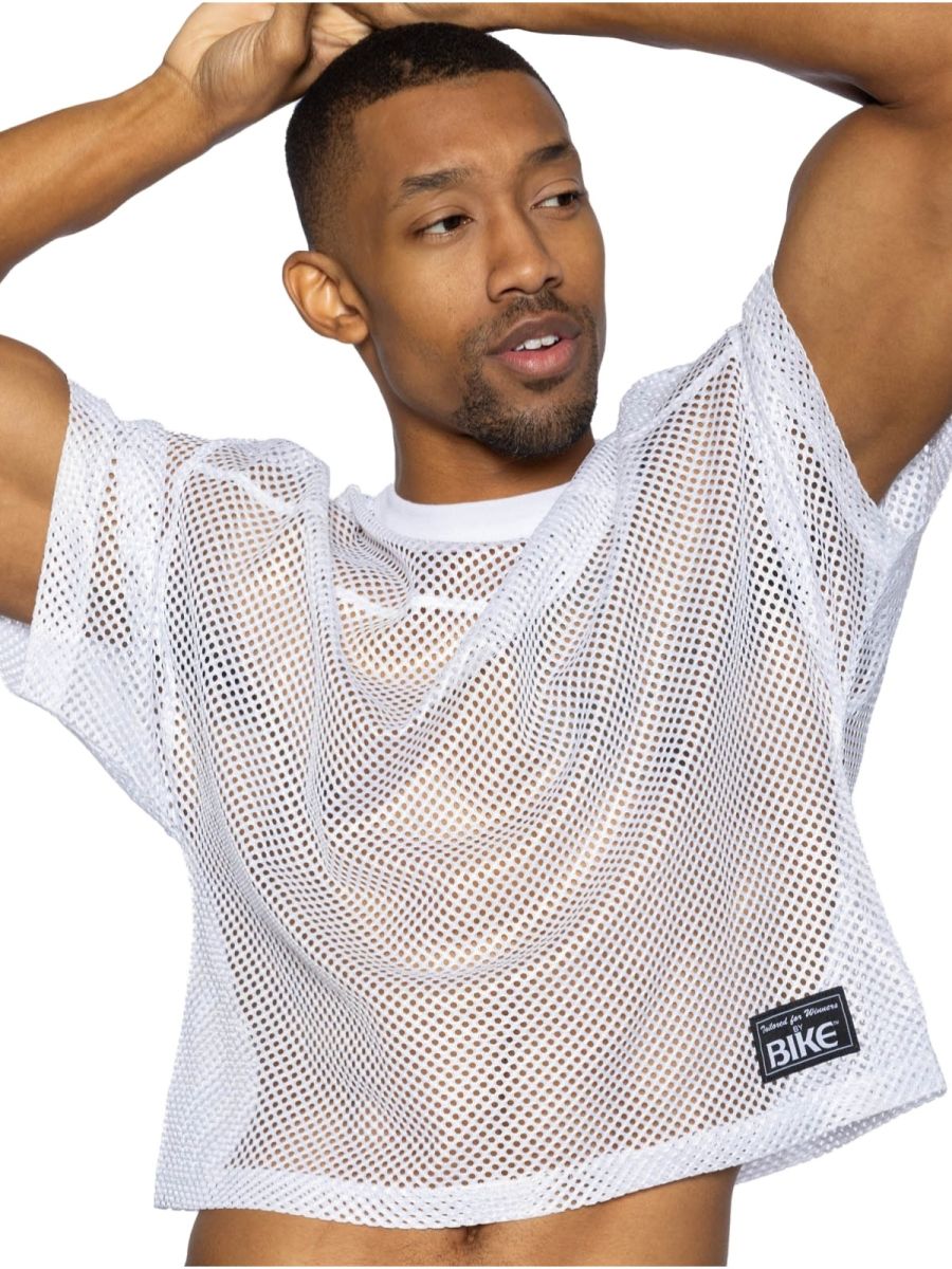 White mesh crop top with black bike label on lower right side from bike athletic bam134 short sleeve practice jersey