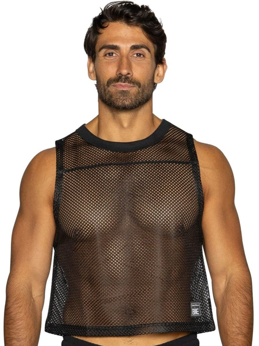 Black sleeveless mesh crop top with solid ribbed neckline and hem for athletic practice by BIKE Athletic