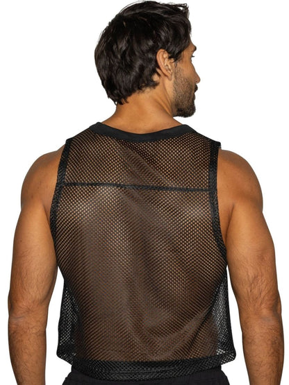 Black mesh tank top with solid black trim around neckline and hem from BIKE athletic BAM135 sleeveless mesh practice jersey