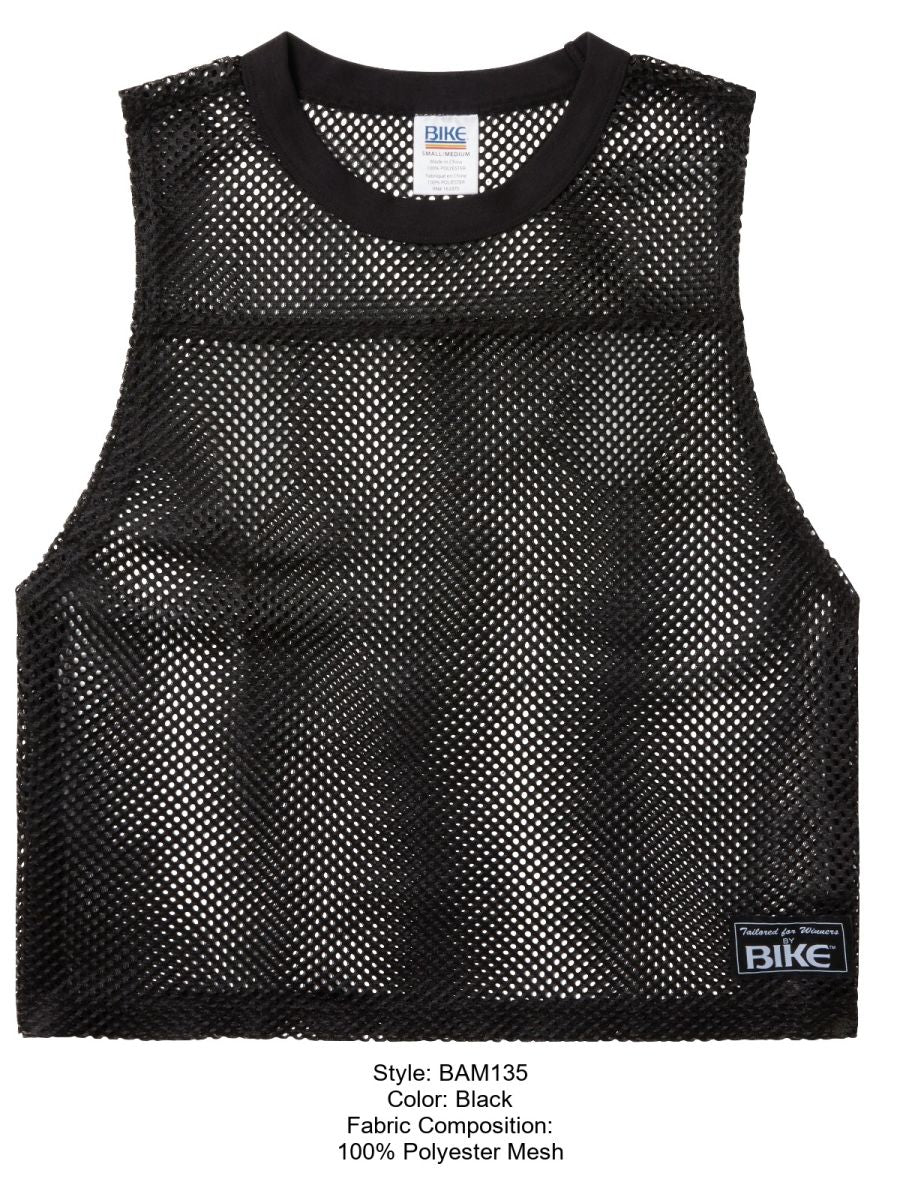 Black sleeveless mesh top made of 100 percent polyester with crew neck and bike labels for athletic use