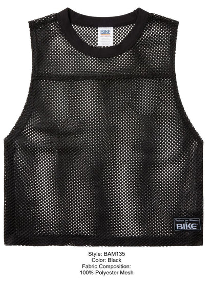 Black sleeveless mesh top made of 100 percent polyester with crew neck and bike labels for athletic use