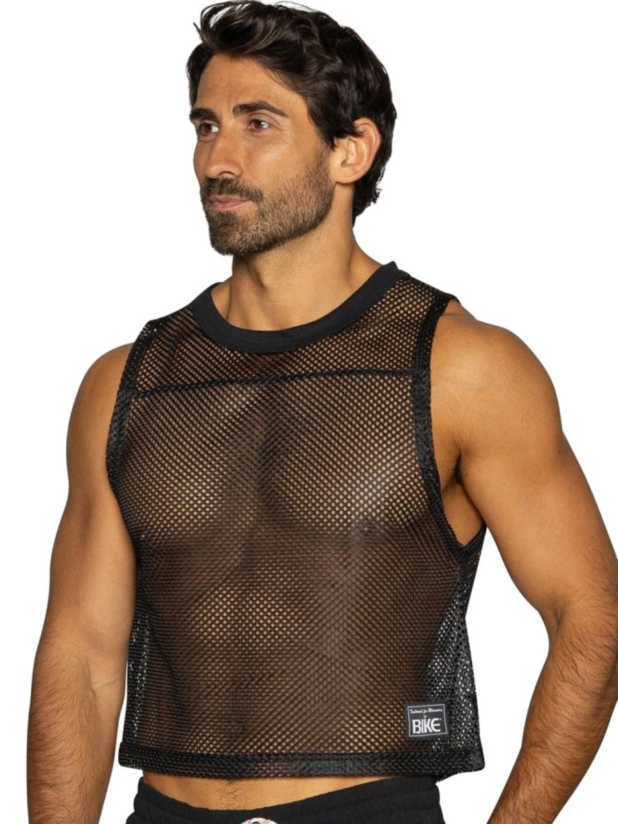 Black mesh crop top with ribbed neckline and hem featuring small bike brand label in lower right side for athletic use