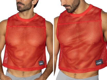 Red mesh sleeveless top with ribbed neckline and hem featuring bike brand patch for athletic practice use