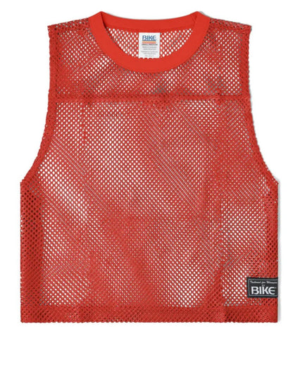 Red mesh sleeveless practice jersey with ribbed neckline and branded labels by BIKE Athletic in color red