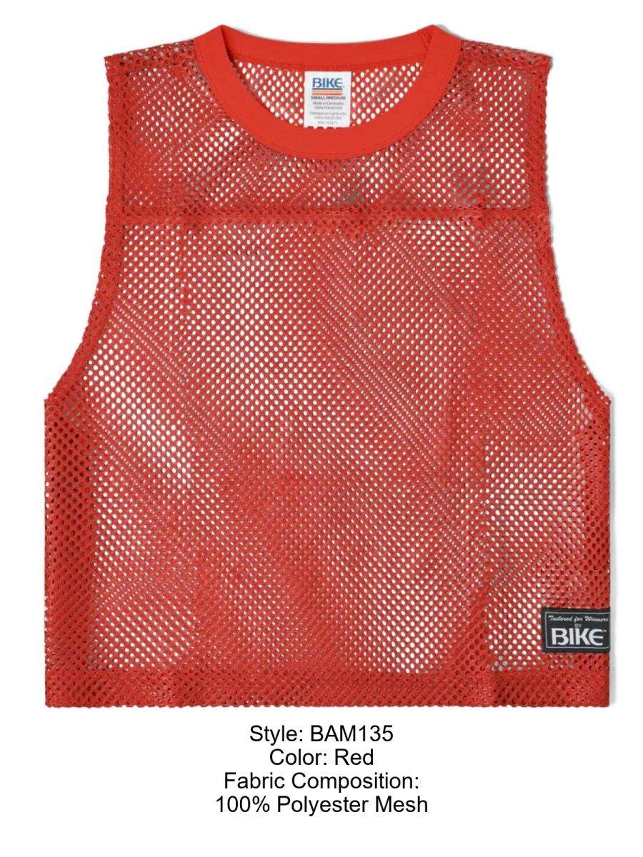 Bike athletic bam135 red sleeveless polyester mesh practice jersey with rounded neckline and black brand tag