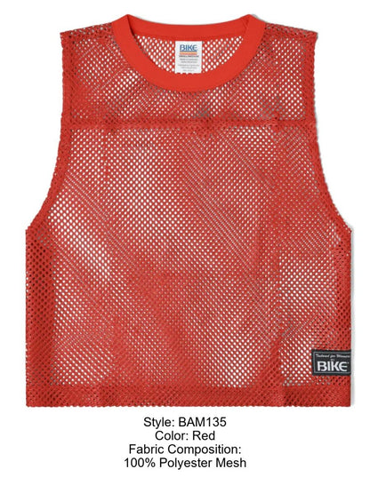 Bike athletic bam135 red sleeveless polyester mesh practice jersey with rounded neckline and black brand tag