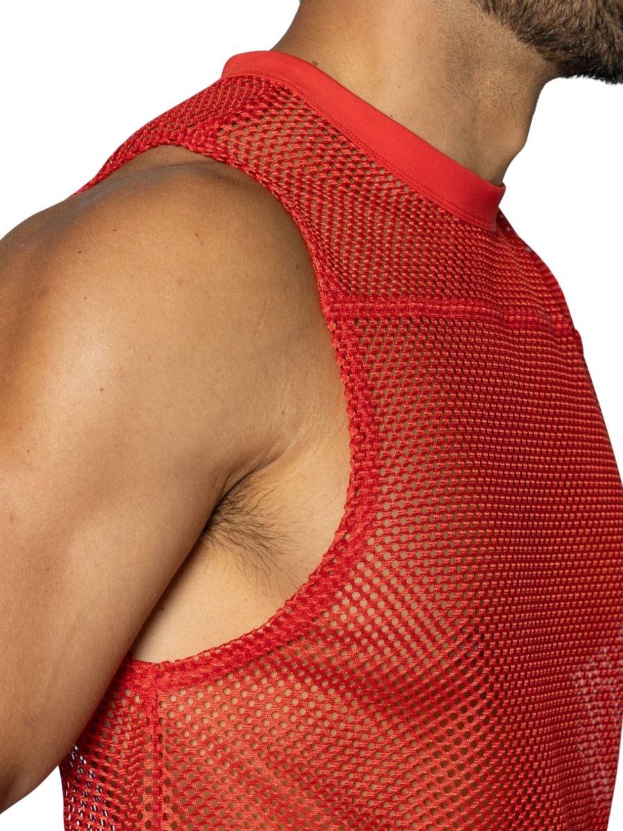 Red mesh sleeveless practice jersey with solid red ribbed neckline from BIKE Athletic BAM135 collection