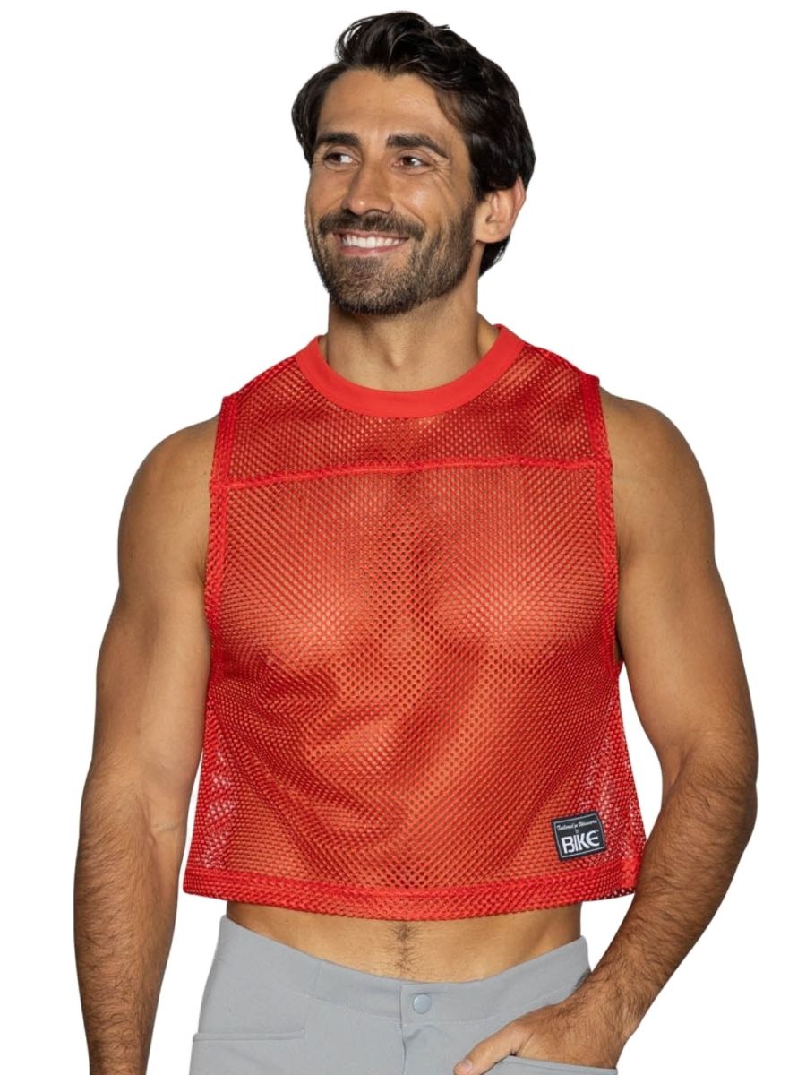 Red mesh sleeveless BIKE Athletic BAM135 practice jersey with ribbed neckline hem and black brand tag on lower right side