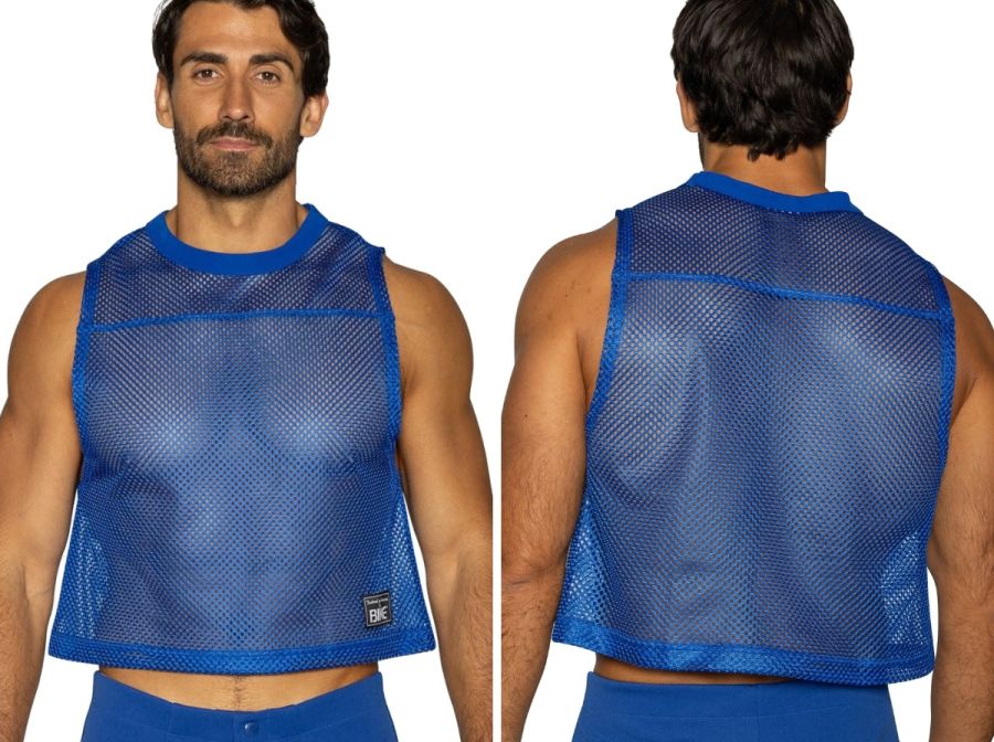 Bike athletic bam135 sleeveless practice jersey in vibrant royal blue with blue mesh crop top and ribbed neckline and hem