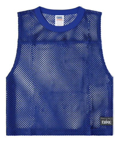 Royal blue mesh tank top with solid ribbed neckline and branded label from bike athletic sleeveless practice jersey
