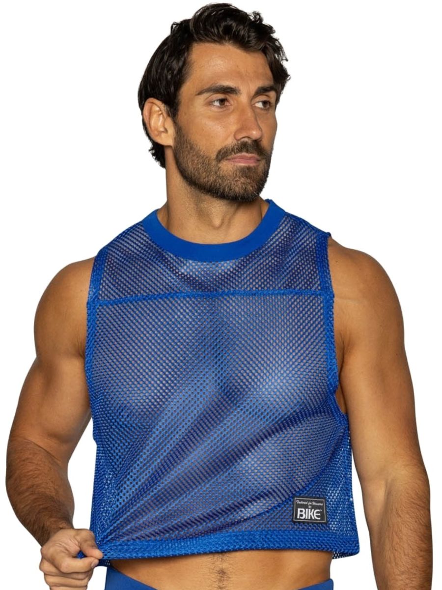 Blue mesh sleeveless BIKE athletic practice jersey with solid ribbed neckline and hem in vibrant royal blue color