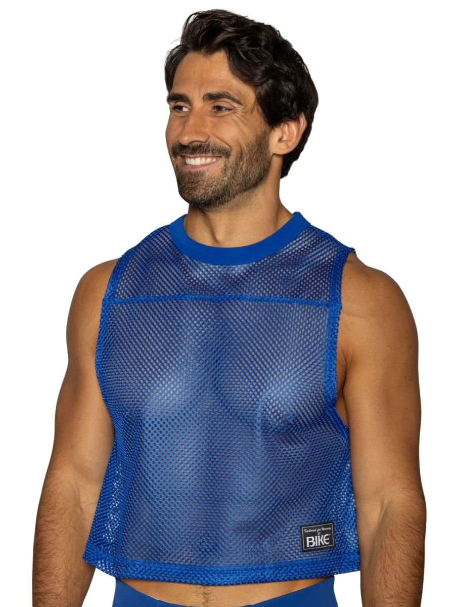 Blue mesh sleeveless practice jersey with ribbed neckline and hem and black label in vibrant royal blue royal