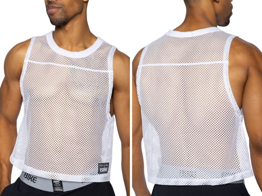 White mesh sleeveless bike athletic tank top with round neckline and hemmed edges for performance practice use