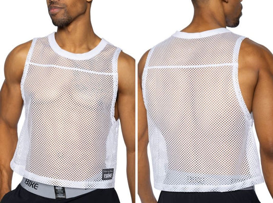 White mesh sleeveless bike athletic tank top with round neckline and hemmed edges for performance practice use