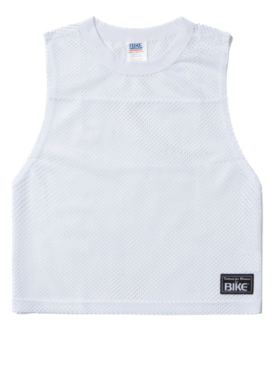 White mesh sleeveless athletic top with crew neck and black bike brand label lower right side for performance use
