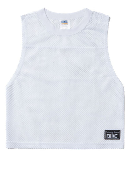 White mesh sleeveless athletic top with crew neck and black bike brand label lower right side for performance use
