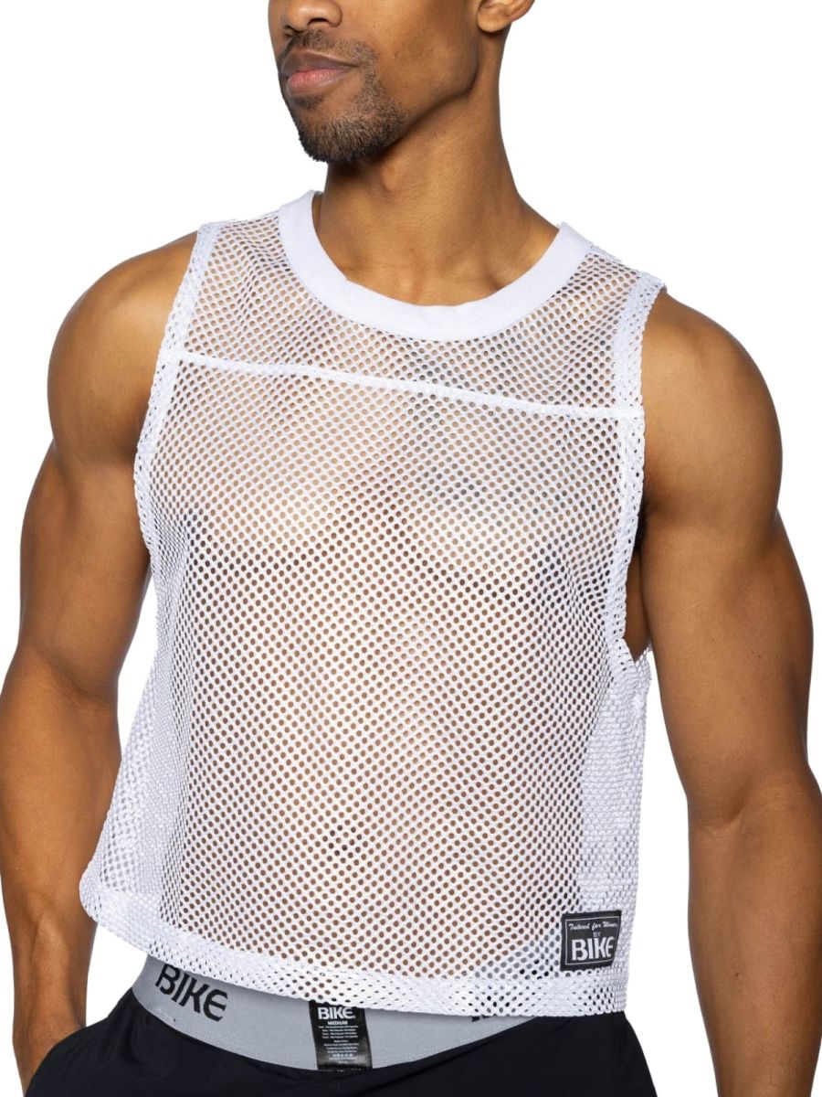 White mesh sleeveless practice jersey with round neckline and reinforced trim for athletic performance use