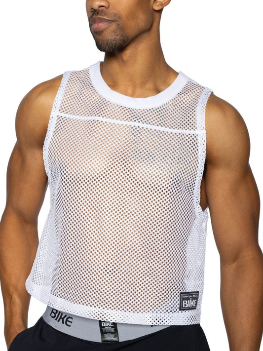 White mesh sleeveless practice jersey with round neckline and reinforced trim for athletic performance use