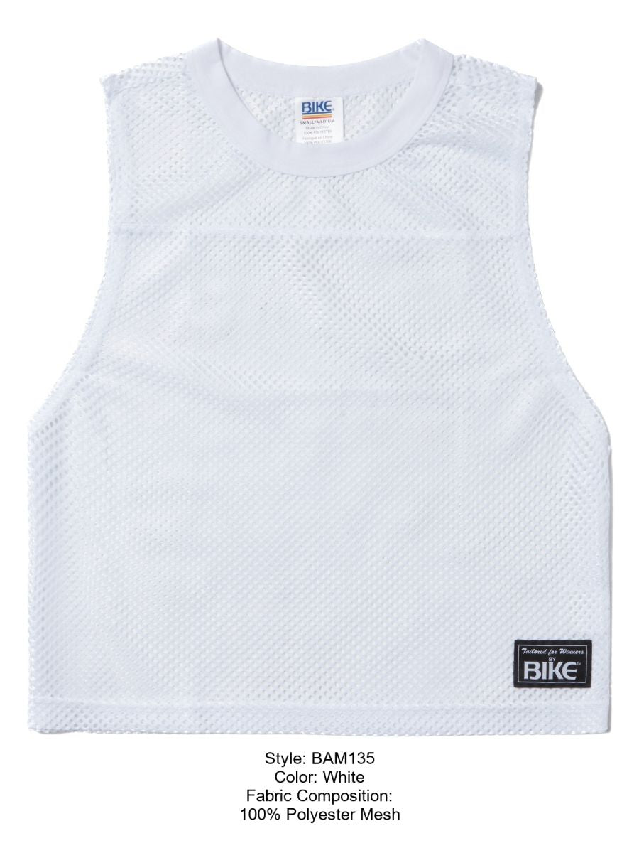 White sleeveless athletic mesh top by bike made of 100 percent polyester with crew neck for performance use
