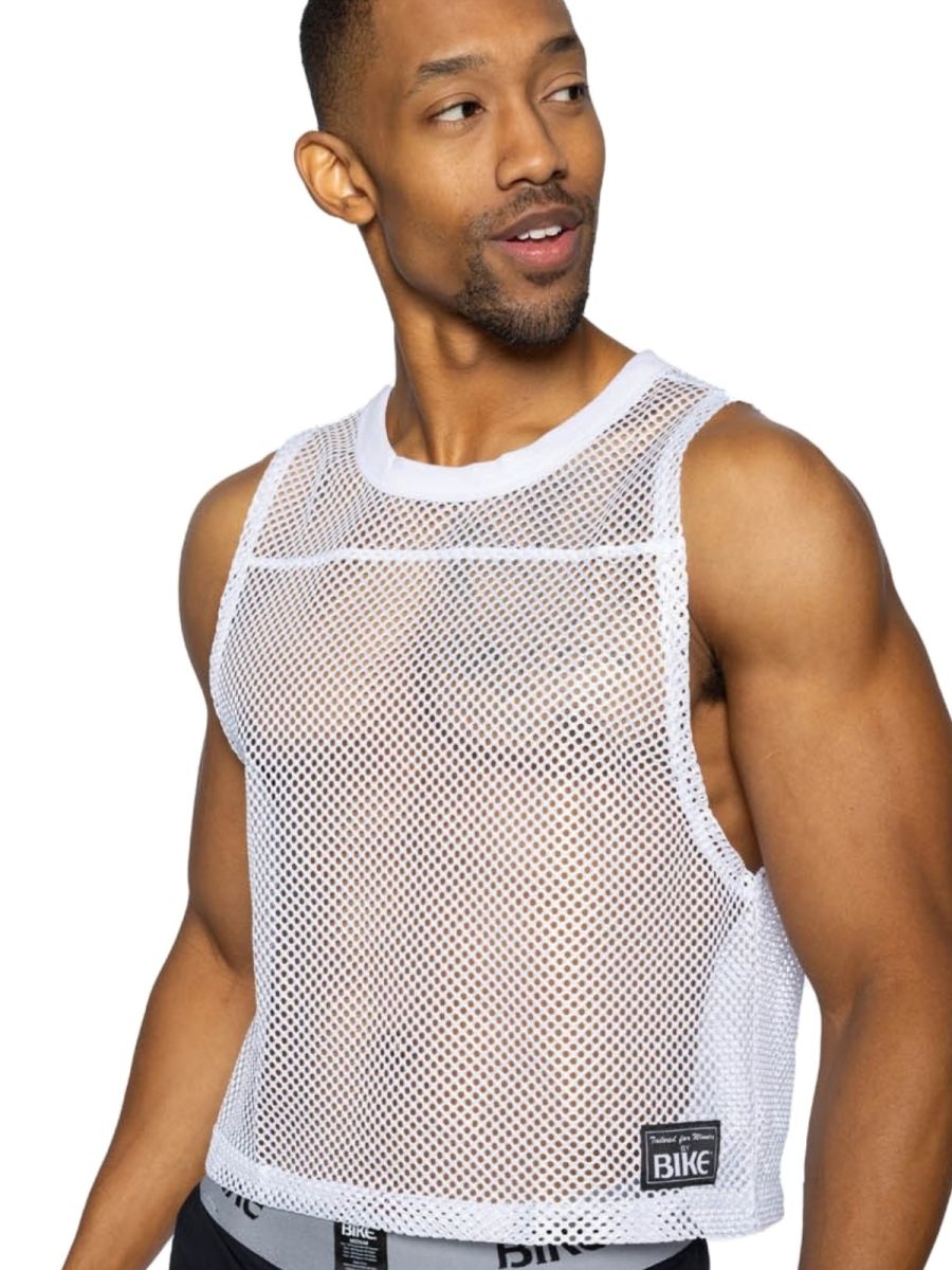 White mesh sleeveless tank top with round neckline cropped hem and black bike brand label for athletic use