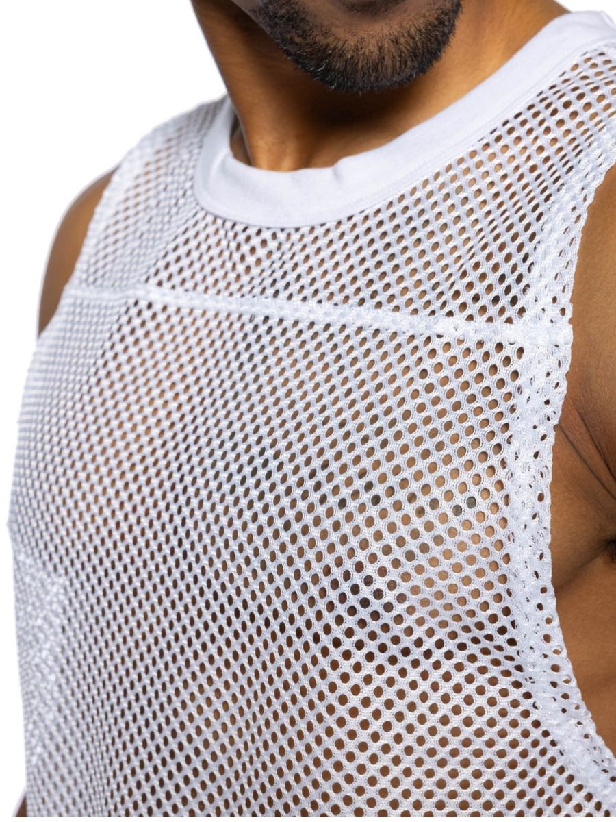 Bike athletic bam135 sleeveless practice jersey white mesh tank top with solid white ribbed neckline for performance use