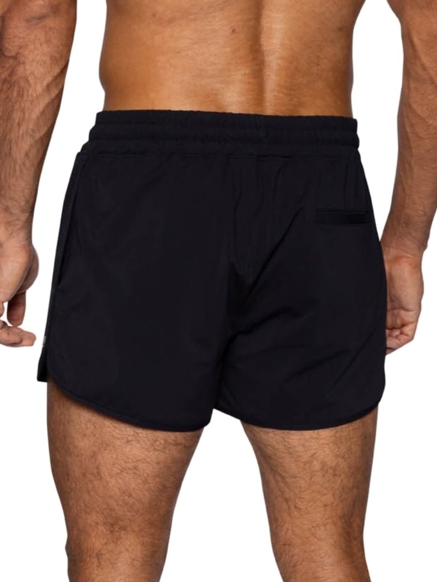 Black BIKE athletic BAM200 track shorts with elastic waistband and small rear pocket shown from back side