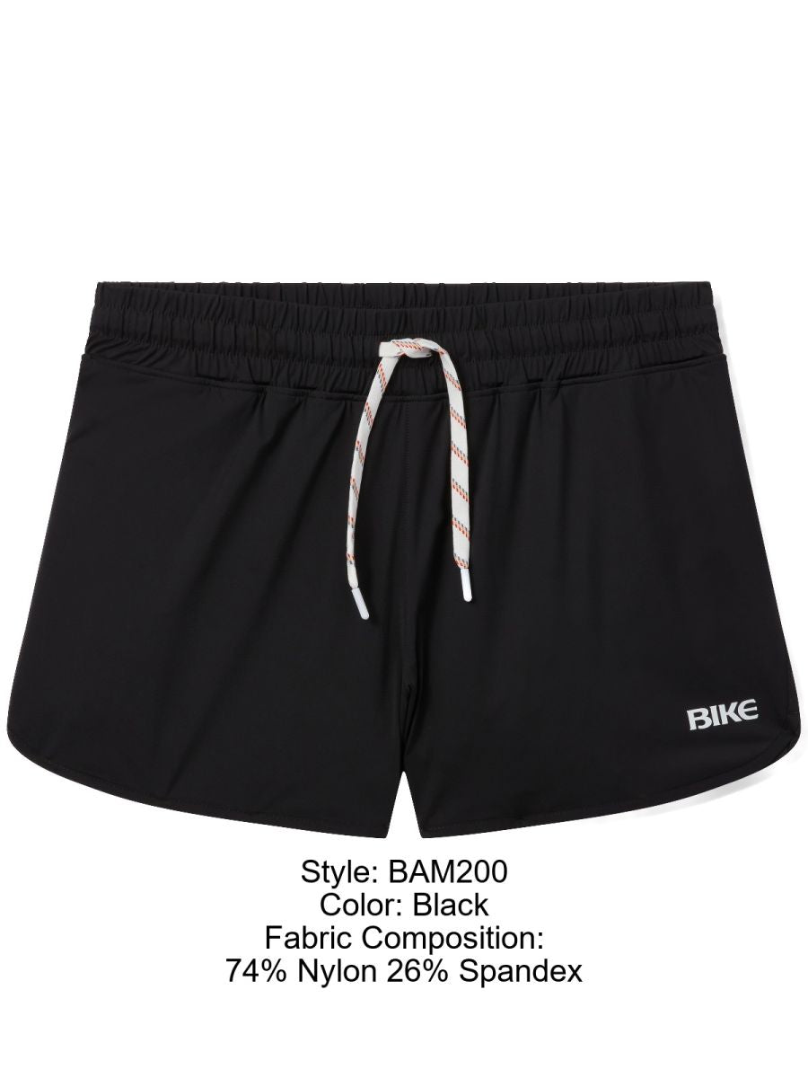 Black bike athletic bam200 track shorts with elastic waistband and white red striped drawstring featuring bike logo