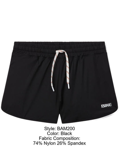 Black bike athletic bam200 track shorts with elastic waistband and white red striped drawstring featuring bike logo