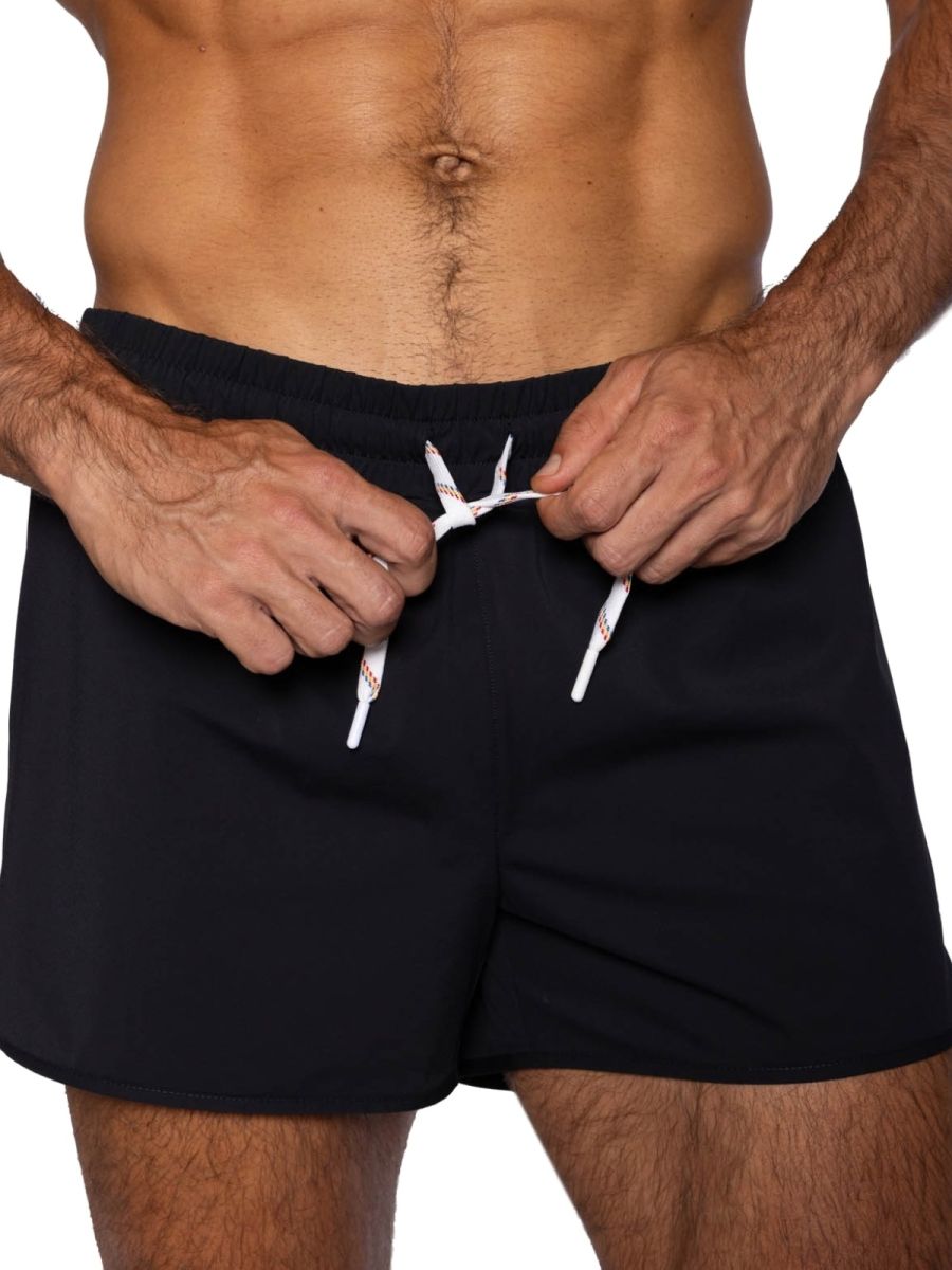 Black bike athletic bam200 track shorts with white drawstrings and subtle pattern for sports and training