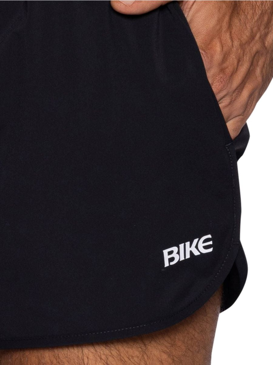 Black bike athletic bam200 track shorts with white bike logo embroidered on lower side for running and training