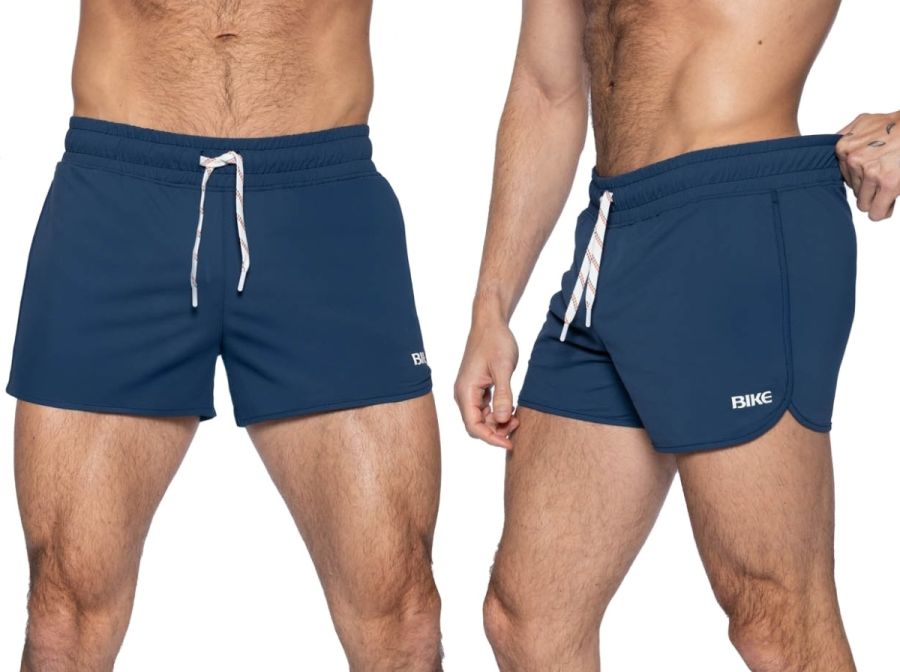Navy blue bike athletic bam200 track shorts with white drawstring and side logo for running and training