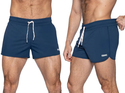 Navy blue bike athletic bam200 track shorts with white drawstring and side logo for running and training