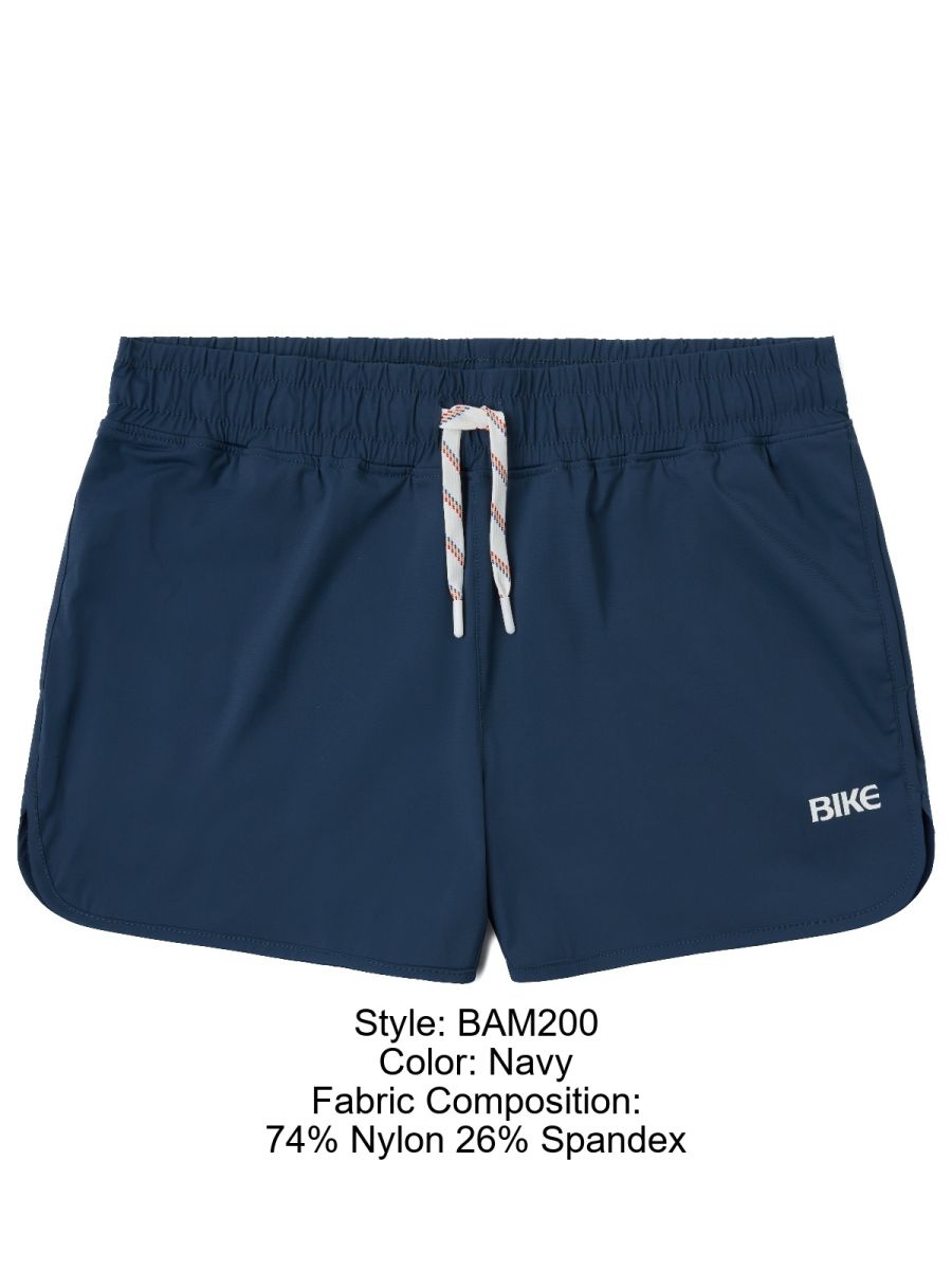 Navy blue bike athletic bam200 track shorts with drawstring waistband and white side logo for activewear