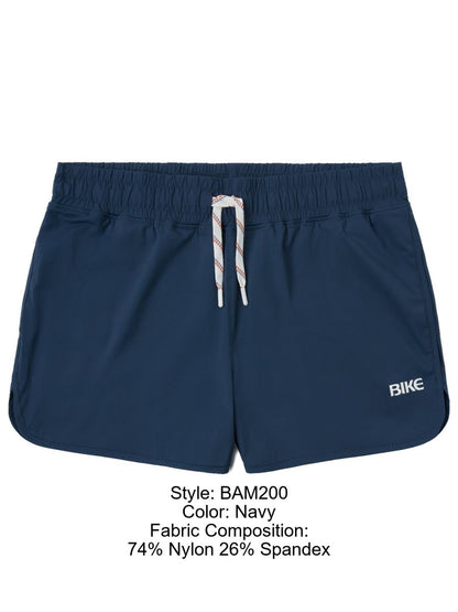 Navy blue bike athletic bam200 track shorts with drawstring waistband and white side logo for activewear