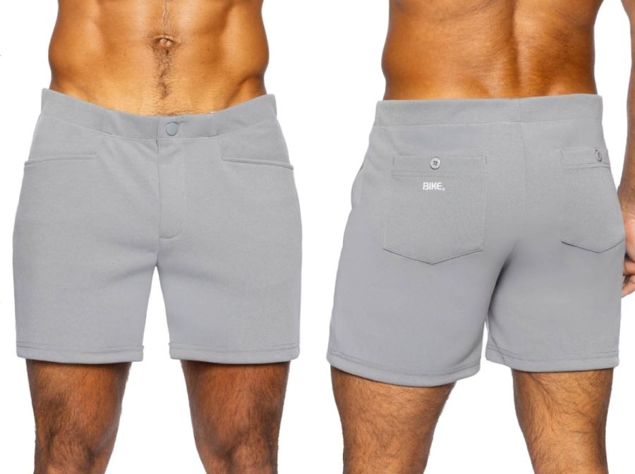 Back side of gray bike athletic bam207 coaches shorts with sleek design and subtle branding on back pocket