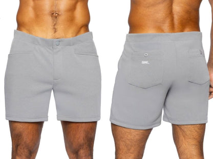 Back side of gray bike athletic bam207 coaches shorts with sleek design and subtle branding on back pocket