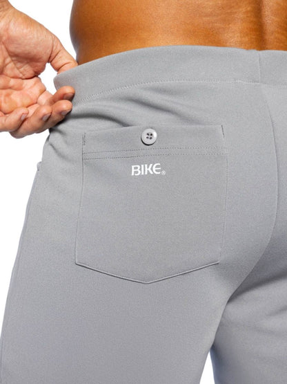 Back side of gray bike athletic bam207 coaches short with white bike logo on the back pocket and 5 inch inseam